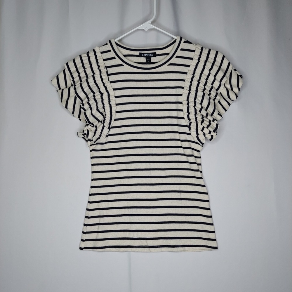 Express Top Women Small Cream Blue Stripe Rib Knit Ruffle Statement Country